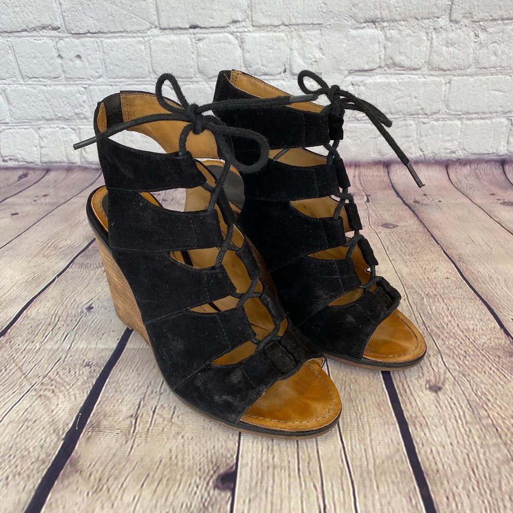 Melrose & Market Calista Lace Up Suede Wedge Black